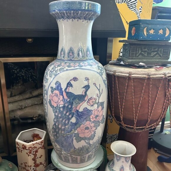 Vintage Blue and White Asian Vase with Pink Floral Accents w Birds 24 inch - Picture 14 of 15